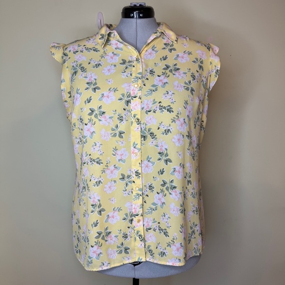 Elle Tops - Elle Floral Yellow Sleeveless Blouse Flutter Shoulder